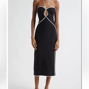 FARM Rio Women's Black Contrast Detail Center Cutout Linen Blend Midi Dress